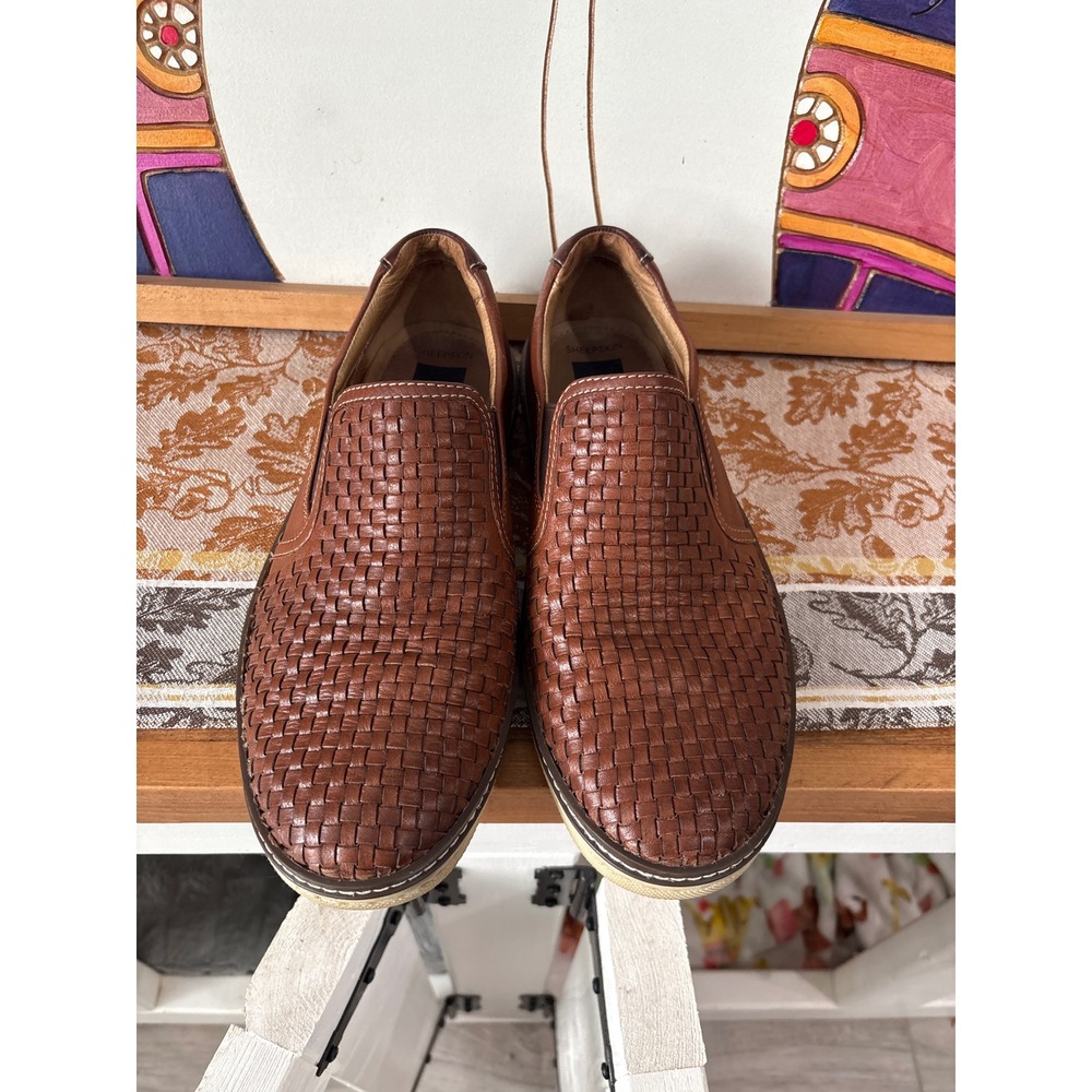 Johnston & Murphy J&M Mens Woven Leather Slip On Loafers Brown 25-1382 Size 9M